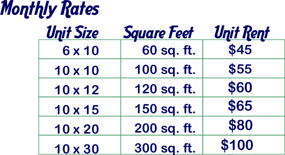 Rates and Storage Unit Sizes in Buffalo, Wyoming